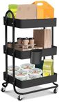 EKKIO Kitchen 3 Tier Rolling Cart with Wheels Steel Storage Shelf Rack Organiser Wheels, Metal Rolling Cart, Storage Cart, Art Carts, Rolling Storage Cart Max. Weight Capacity 45kg, Black