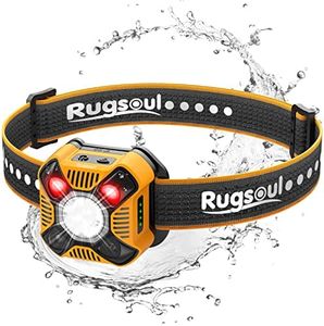 Rugsoul LED Headlamp, 350 Lumen Rechargeable Head Lamp with Red Light, IP68 Waterproof/Shockproof/Dust Proof, Lightweight Headlight for Camping, Hiking, Fishing, Cycling, Hunting (Orange)