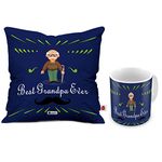 Indigifts Grandparents Best Grandpa Ever Quote Comic Folk Style Blue Coffee Mug & Cushion Cover 12x12 inch with Filler - Gift for Grandfather-Granddad-Birthday, Grandpa Pillow-Mug