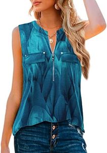 Bulotus Sleeveless Blouses for Women Dressy Casual, Summer Work Tops for Women Business Shirts Long Tank Tops to Wear with Leggings V Necl Blouses, Leaf, Medium