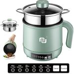 Smart Mini Hot Pot with Timer and Automatic Shut Off 1.2L Non-Stick Rapid Noodle Cooker w Stainless Steel Steamer Basket 600W Quick Cook 5 Cooking Modes for Soup, Rice (1cup) , Porridge, Pasta Great for 1-2 Persons (Green)