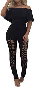 PRETTYGARDEN Off Shoulder Sleeve Hollow Out Sexy Women Bodycon Long Jumpsuit Rompers (X_Large, Off Shoulder Black)