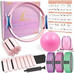 Pilates Ring Kit with Adjustable Ankle Wrist Weights, Fabric Resistance Bands, Pilates Equipment Yoga Ball for Home Workout to Tone, Sculpt and Strengthen, Fitness Magic Circle Rings for Women (Pink)