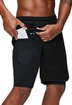 Pinkbomb Men's 2 in 1 Running Shorts Gym Workout Quick Dry Mens Shorts with Phone Pocket, Black, Large
