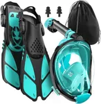 COZIA DESIGN Snorkeling Gear for Adults with Fins - Full Face Snorkel Mask and Swim Fins, 180° Panoramic View Snorkel Mask, Anti Fog and Anti Leak Adult Snorkel Set (Green, Mask L/XL + Fins L/XL)