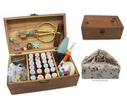 Sewing Kit, Wooden Sewing Kit Box Basket with Compartment, Portable Stitching Repair Tool Kit Accessories Organizer, Wood Vintage Sewing Box for Women,Men, Adults, Girls, Kids
