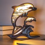 3D Wooden Animals Carving LED Night Light, Wood Carved Lamp Modern Festival Decoration Home Decor Desktop Desk Table Living Room Bedroom Office Farmhouse Shelf Statues Perfect Gifts (Dolphin)