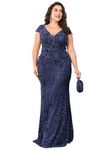 Plus Size Womens Sequined Long Evening Gown Glamous Sleeveless V-neck Mermaid Prom Dress for Wedding Party, Navy Blue, 20 Plus