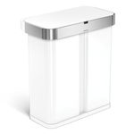 simplehuman 58 Liter / 15.3 Gallon Stainless Steel Touch-Free Dual Compartment Rectangular Kitchen Trash Can Recycler with Voice and Motion Sensor, Activated, White