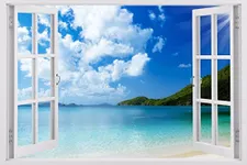Huge 3D Vinyl Wall Decal Decal, White Window Frame Style Home Décor Art Removable Wall Decal, 33.5"x 45" (Paradise Beach View)