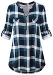 Odosalii Womens Zip Up Plaid Tunic Blouse Rolled Up Sleeve Polo Top Check Shirts, #1blue, XXL