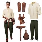 Medieval Clothing Men's Viking Costume Set with Men's Medieval Pirate, Medieval Trousers with Men's Arm Guards/Knight Belt/Retro Pirate Gold Coin Bag/Sword Bag (White Green, 2XL)