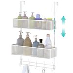 LUCYCAZ Over Door Storage, Adjustable Over The Door Hooks Organiser with 10 Coat Hooks & 2 Mesh Basket, Door Hanger Towel Rack Back of Door Organiser for Barthroom Kitchen (White)