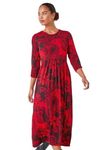 Roman Originals Midi Gathered Dress with Pockets for Women UK Ladies Stretchy Jersey Maxi Round Neck Elasticated High Waisted Boho Flattering Skater Swing Fit Flare - Petite Red - Size 14