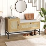 GarveeHome Rattan Shoe Bench with Linen Seat Cushion, Entryway Bench with Storage Cabinet, Wooden Storage Bench for Hallway and Bedroom, Natural Oak