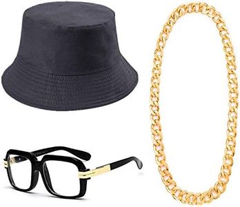 Feacole 80s/90s Hip Hop Costume Kit- Cotton Bucket Hat,Big Chunky Miami Cuban Chain Necklace,80's Gazelle Vintage Glasses (XL)