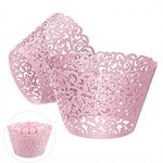 Gospire 50 pcs Pearl Lace Filigree Wedding Cupcake Wrapper Baking Cake Cups Wraps Party Decoration Laser Cut (Pink)