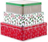 Steel Mill & Co Square Tin Containers with Lids, 3 Pack Christmas Cookie Tins, Festive Cookie Tins for Gift Giving & Holiday Treats, Metal Box Nesting Containers, Large Medium Small, Snowflake