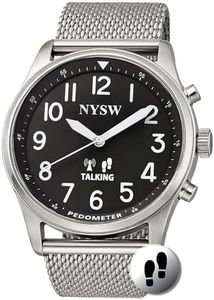 NYSW Men’s Atomic Time Sync Analog Pedometer Watch, Walking Step Counter, Calories & Miles, American Voice Announces Time/Date & Steps, No Bluetooth No EMF, Large Display, Stainless Steel Band SL-BK