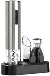 Crenova 6-in-1 Wine Opener Electric Rechargeable Automatic Corkscrew Bottle Opener set with Vacuum Stopper, Aerator Pourer, Foil Cutter, Display Base & USB Charging Cable, Silver