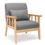 Mondeer Armchair, Retro Accent Chair with Cushion, Single Sofa Linen Solid Wood Frame for Lounge Living Room Bedroom Balcony Office, Dark Gray