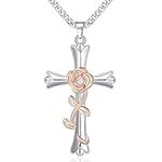 Mesovor Cross Necklace for Women, Religious Faith Cross God Blessed Pendant Necklace for Girls Mom Wife Gift for Mother's Day or Birthday (Roses-Romance)