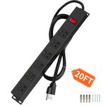 6 Outlets Metal Power Strip, Wall Mount Heavy Duty Power Outlet with Switch, Aluminum Alloy House, 14AWG Power Cord, 15A 125V 1875W, Black (20 FT)