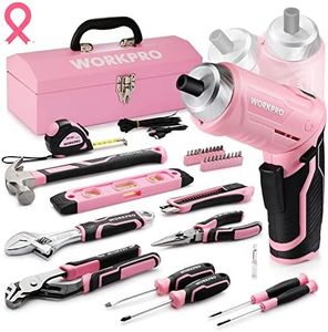 WORKPRO 75-Piece Pink Tools Set, 3.7V Rotatable Cordless Screwdriver and Household Tool Kit, Basic Tool Set with 13'' Portable Steel Tool Box for Home, Garage, Apartment, Dorm, New House - Pink Ribbon