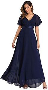 Beauty-Emily 2022 Chiffon V Neck Formal Party Dress Long Evening Dresses, Navy Blue, Small