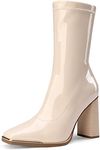 DREAM PAIRS Women's Square Toe Gogo Boots Elastic Ankle Boots High Chunky Block Heel Mid Calf Boots,Size 9,Beige White/Pu,SDMB2206W