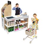 GYMAX Wooden Pretend Grocery Store and Shopping Trolley, Role Play Shop with Cash Register, Scanner, Credit Card and Coins, Supermarket Playset for Kids Children Toddlers