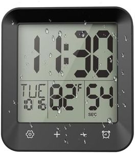 Yariaii Waterproof Shower Clock, Digital Bathroom Kitchen Wall Clock Timer with Temperature, Touch Screen, Suction, Hanging Hole, Battery Operated, Black