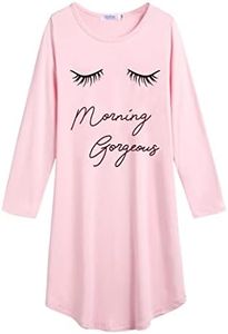 Arshiner Girls Nightgowns Long Sleeve Print Pajamas Nightdress for Kids Soft Sleep Wear Nighties(Pink/Eyelash, 11-12Y