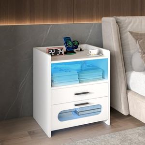 Ufurniture Bedside Table with Charging Station, 20 Colors LED Nightstand with USB Port and Wireless Charging, End Table with 2 Drawers and Storage Shelf, Small Dresser for Small Space White (White)