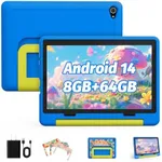 Kids Tablet｜Upgraded Android 14 Tablet 10 inch for Kids with Protective Case｜Octa-Core｜8+64GB 1TF Card Expandable｜Dual Camera｜Parental Control｜Pre-intalled KIDOZ｜Great Gift for Toddler (Blue)