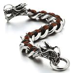 COOLSTEELANDBEYOND Stainless Steel Mens Dragon Curb Chain Bracelet Interwoven with Brown Genuine Leather Strap