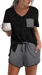 Aloodor Womens Two Piece Sets Outfits Striped V Neck Pajamas Black M