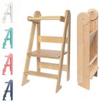 TOYBOX Learning Tower, Montessori Toddler Kitchen Tower, Foldable & Compact Learning Helper Stool for Toddlers with Safety Rail (Natural Wood)