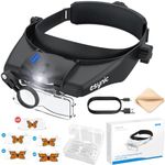 eSynic Head Magnifying Glass with LED Light 1.5-13X Rechargeable Headband Magnifier Comfortable Wearing Headmount Magnifying Glasses Battery Warning Designed With 5 Lenses for Reading Hobbies etc
