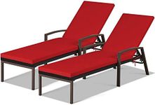 DORTALA Chaise Lounge Outdoor, Set of 2 Wicker Patio Lounge Chair with Cushion and Armrest, Adjustable Backrest, Rattan Reclining Chair for Garden, Balcony, Poolside, Red