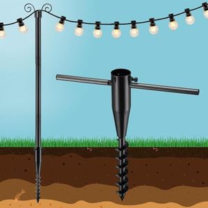 Heavy-Duty String Light Poles with Spiral Ground Stakes, 38mm Adjustable Height Rustproof Metal Posts for Garden Lawn Patio, Christmas Wedding Party Outdoor Decoration (Black, 1 Pack)
