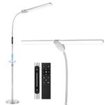 OUTON LED Floor Lamp with Double Head, 18W 1800LM, Super Wide & Bright, Height Adjustable, Remote & Touch Control, Memory Function, Dimmable Standing Lamp for Reading, Working, Sewing, Silver Grey