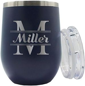 The Wedding Party Store Personalized 12 oz Insulated Stemless Wine Tumbler - Custom Engraved and Monogrammed (Navy Blue)