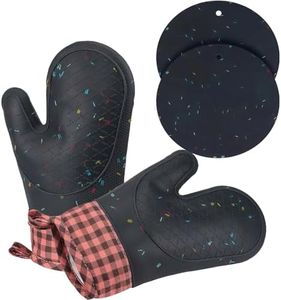 BUYLONG Kitchen Oven Mitts,Silicone Oven Mitts,Oven Mitts Double Glove of 4 Pieces, Household Oven Gloves, Including Insulation mat, Non-Slip Silicone Surface,Soft Cotton Lining, Waterproof