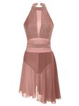 CHICTRY Women Figure Ice Skating Dress Rhinestone Dance Competition Twirling Costume Gymnastic Leotard Skirt V_Dusty Pink S