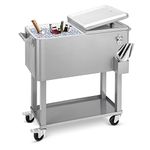 EDOSTORY 80 Quart Rolling Silver Ice Chest Cooler Cart,Patio Backyard Party Drink Beverage Bar Stand Up Cooler Trolley with Ice Scoop