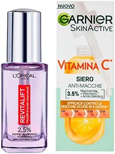 Garnier Skinactive Siero Viso Concentrato con Vitamina C Illuminante e Anti Macchie da 30ml + Revitalift Filler Siero Anti Rughe Contorno Occhi con Acido Ialuronico e Caffeina da 20ml