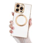 Newseego for iPhone 15 Pro Max Magnetic Case, Luxury Plating Edge Square Case for Women Girls Men Soft TPU Bumper Anti-Scratch Shockproof Protective Cover for iPhone 15 Pro Max-White