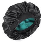 XRACEPHOL Silk Bonnet for Sleeping Double Layer Satin Bonnet Adjustable Bonnets for Black Women Sleep Cap Reversible Hair Bonnet for Curly Hair (Black and Teal)