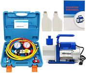 Yaetek R410A R134A R22 4.8 CFM 1/3HP Vacuum Pump HVAC A/C Refrigerant Rotary Vane Air Vacuum Pump Single Stage W/ 4 Hoses 4 VALVE MANIFOLD GAUGE Set